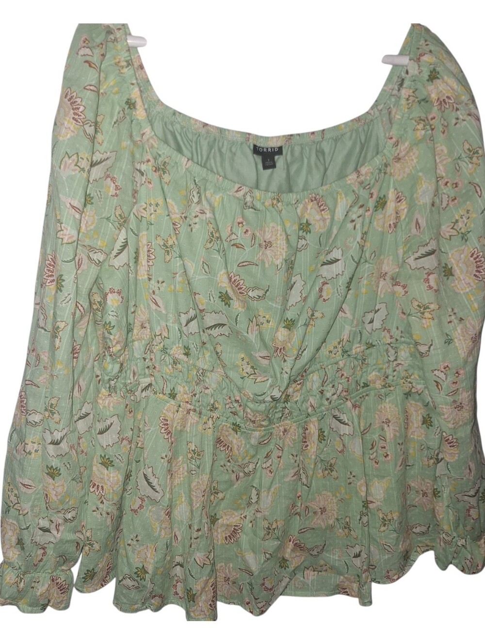 Torrid Peasant Sleeve Fairycore Top Size 1X Floral Green Cotton Plus Blouse